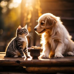 A dog and a cat are playing in a friendly way, not mutually exclusive, soft focus photography