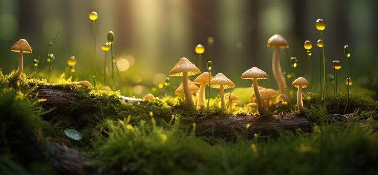 beautiful nature background brown mushroom cluster grow on grass ground with glitter glow light, Generative Ai