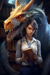 Woman with book stands confidently by mythical dragon in a magical library.