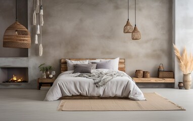 Interior of modern bedroom. Boho bedroom with grey concrete walls and wooden elements.