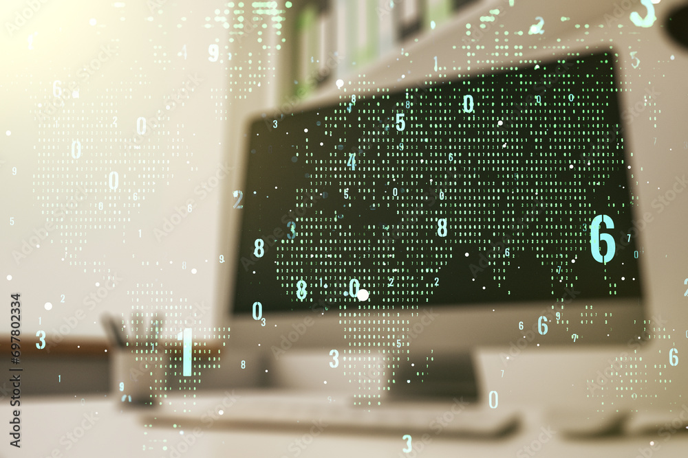 Fototapete double exposure of abstract programming language with world map and modern desktop with laptop on ba