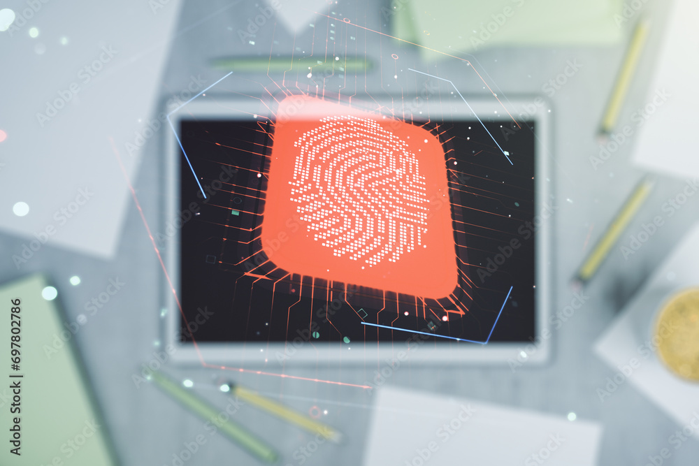 Poster Multi exposure of abstract fingerprint scan interface and modern digital tablet on background, digital access concept
