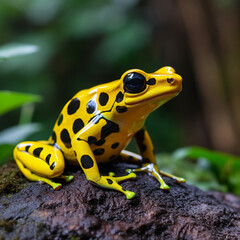 Fototapeta premium Poisonous yellow spotted dart frog in a jungle