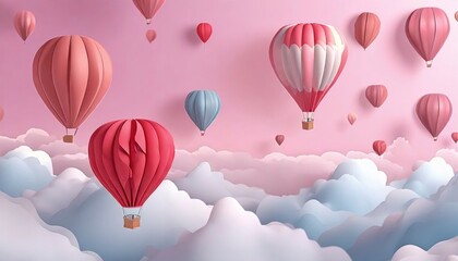 Skyward Sojourn. Hot Air Balloons Serenely Floating Above the Clouds, Embarking on a Dreamlike Journey Through the Azure Skies.