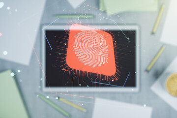 Multi exposure of abstract fingerprint scan interface and modern digital tablet on background, digital access concept