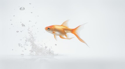  a goldfish jumping out of the water into the air with bubbles coming out of it's back end.