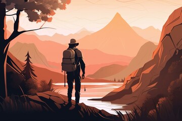 Adventure hiker in great outdoor, poster style. Generative AI