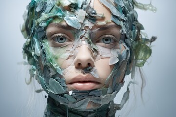 Plastic Human Face, Plastic Garbage Woman Portrait, Too Much Pollution, Zero Waste, Stop Plastic Concept