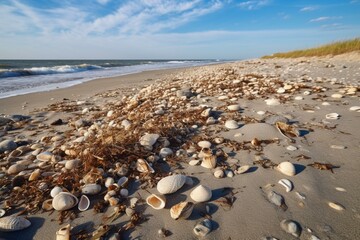 Fototapeta na wymiar A beach with shells, rocks, driftwood scattered across sandy landscape. Generative AI