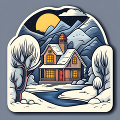 Sticker-style Winter House icon