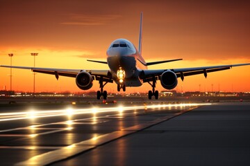 Airplane taking off or landing on runway at airport during sunset.