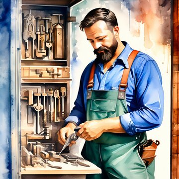 Portrait of a bearded craftsman in his workshop. He is working with tools