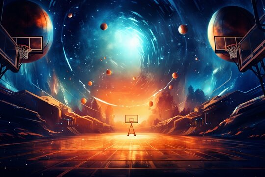 Basketball court with orange and blue colors in outer space, featuring stars, planets and vibrant Final Four theme. Exciting March Madness atmosphere. Generative AI