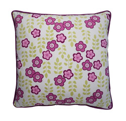 Sofa ornament floral pattern purple cushion top close up, purple coloured bed cushion, decoration idea image, white background, isolated.
