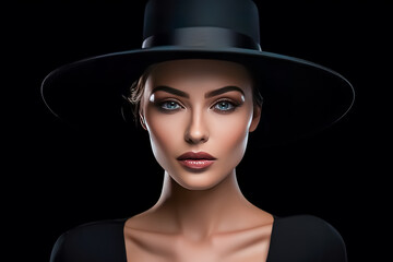 Portrait of a beautiful blonde woman in black hat. Beauty, fashion.
