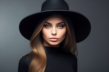 Portrait of a beautiful blonde woman in black hat. Beauty, fashion.