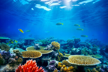 Fototapeta na wymiar Underwater view of coral reef with fishes and corals. Tropical seascape
