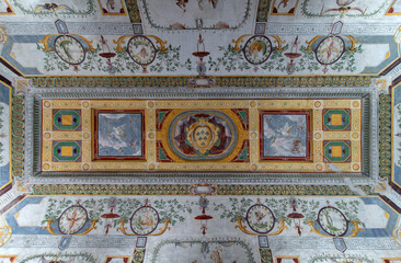 Caprarola, Viterbo, Italy - 2023, September 12: Interiors of the Palazzo Farnese. One of the many beautifully painted ceilings