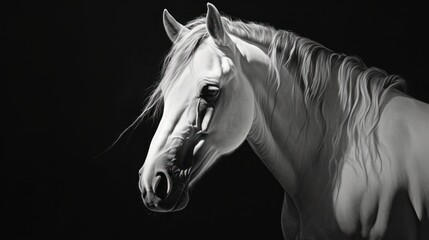  a black and white photo of a horse with its head turned to the side and it's eyes closed.
