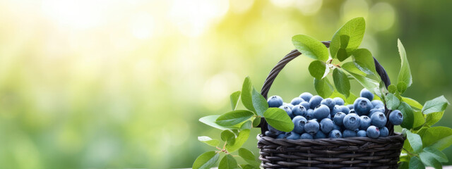 Ripe blueberries on soft background, banner