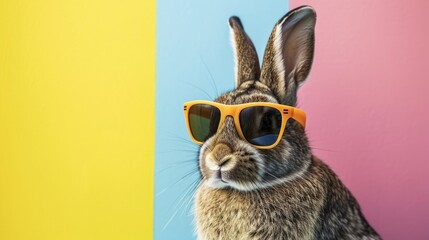 easter bunny with sunglasses on a multicolor background - obrazy, fototapety, plakaty