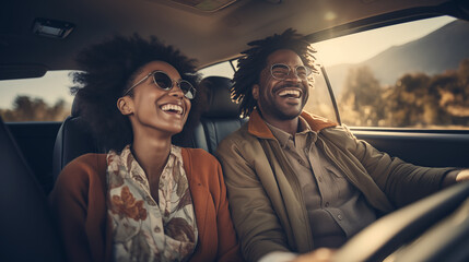 A man and a woman in a car, happy and laughing. A couple in the car enjoying the ride - obrazy, fototapety, plakaty