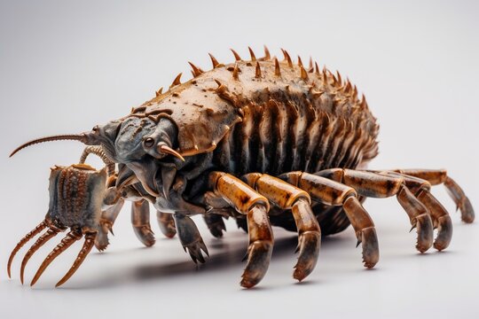 Accurate portrayal of anomalocaris, showing its entire body, on a plain white backdrop. Generative AI