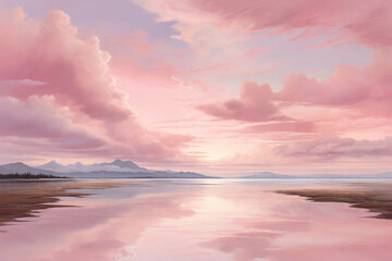 Obraz premium Highlight the serene and calming view of a pink sky painted with wisps of clouds, evoking a sense of tranquility.