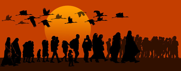 Silhouettes of refugees at sunset under the sun. Cranes immigrate to warmer countries. A symbol of the lifestyle of birds and people. - obrazy, fototapety, plakaty
