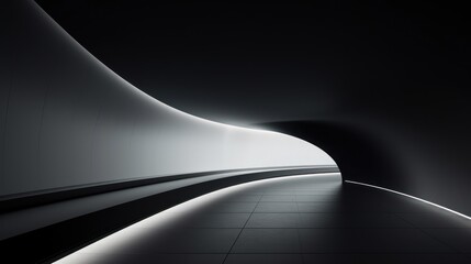  a black and white photo of a tunnel in the middle of a building with a light at the end of the tunnel.