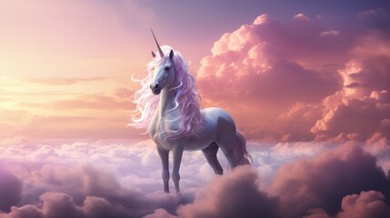 Obraz na płótnie Canvas a unicorn standing in the middle of a cloud filled sky with a pink and purple hued sky in the background.