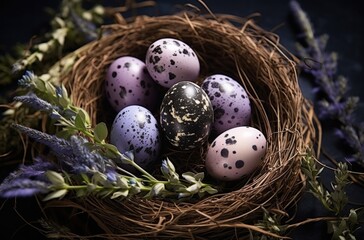 Obraz premium easter eggs in a nest with lavender