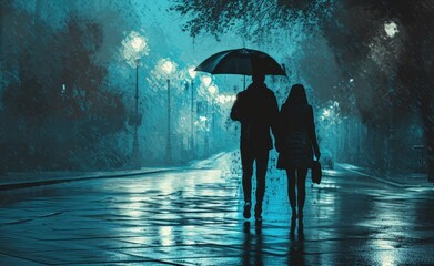 couple walking hand in hand in rainy day with umbrella in rain