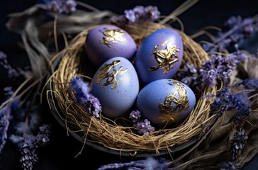 Fototapeta na wymiar easter eggs in a nest with lavender