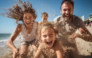 family in the sun has fun on the beach