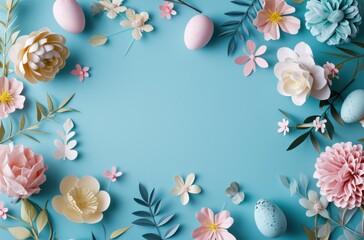 Fototapeta na wymiar colorful paper frame with flowers and eggs on a blue background