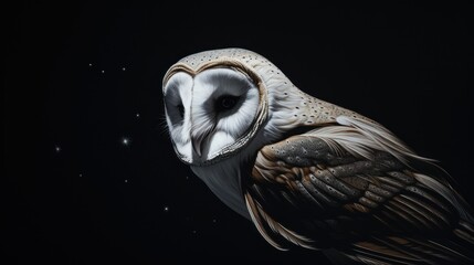  an owl is standing in the dark with its head turned to the side and it's eyes wide open.