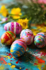 Fototapeta na wymiar Vibrant background, colorful eggs, festive decorations