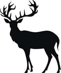 Elegant Silhouette of a Majestic Deer with Large Antlers, Black and White Illustration for Wildlife and Nature Themes. Vector