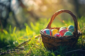 colorful easter eggs in basket in grass - obrazy, fototapety, plakaty