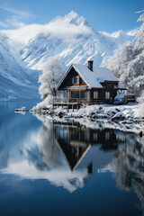 Obraz premium Wooden house by the lake in the mountains in winter time