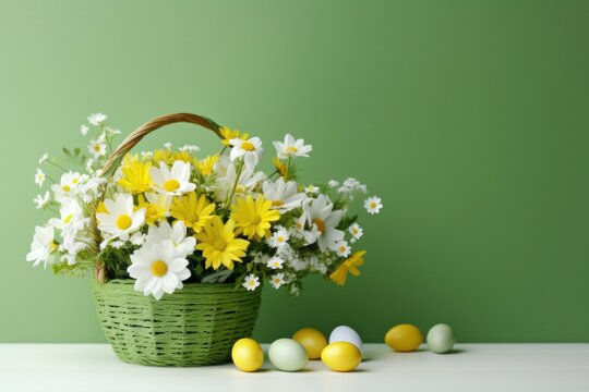 easter basket with many colorful easter eggs with decorations