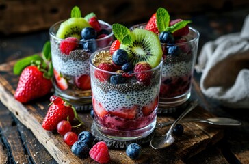 chia seed pudding with berries and kiwis in glasses