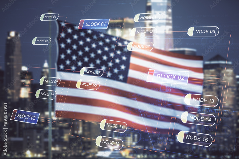 Poster multi exposure of abstract software development hologram on usa flag and blurry skyscrapers backgrou