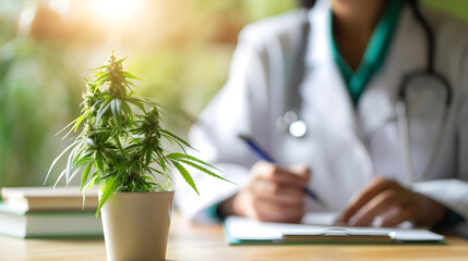Medizinische Versorgung: Cannabis-Pflanze auf Arzttisch mit verschreibender Ärztin im Hintergrund - obrazy, fototapety, plakaty