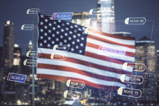 Multi exposure of abstract software development hologram on USA flag and blurry skyscrapers background, research and analytics concept