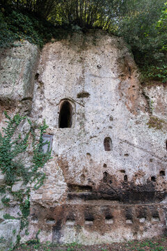 Sutri, Viterbo, Italy - 2023, September 13: The urban necropolis of Sutri is one of the most consistent examples of rock tombs from the Roman times.
