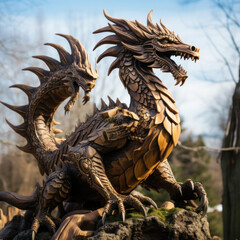 Fototapeta premium A wooden statue of a dragon, the year 2024, the year of the green wooden dragon, generative AI