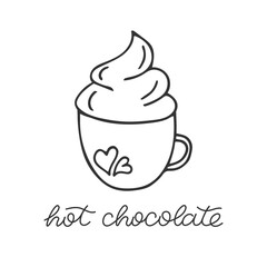 Cute cup of hot chocolate with hearts. Outline doodle hand drawn mug with hot tasty drink isolated on white. Design element for cafe menu, coffee shop advertising. Black and white illustration