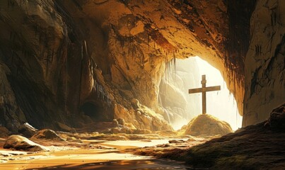 jesus's crucifix in the cave at sunrise - obrazy, fototapety, plakaty